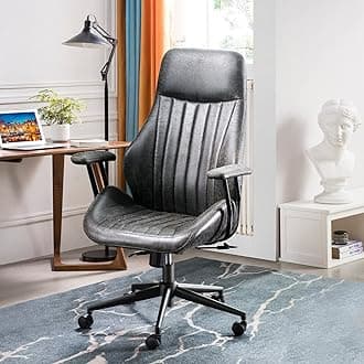 oviosMid-Century Modern Faux Leather Office Chair, High Back Ergonomic Chair with Deep Seat Padded Armrests, Comfy Luxury Computer Swivel Rolling Executive Chairs, Dark GreyThe Forest Stewardship Council