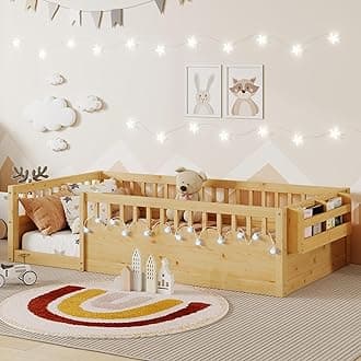 Floor Bed for Kids, Twin Size Montessori Beds with High Fence Railings, Wood Playhouse Bed with Rails, Light & Storage for Baby Boys Girls Teens, No Slats Included, Natural