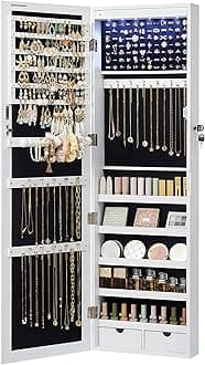 SONGMICS 6 LEDs Mirror Jewelry Cabinet, 47.2-Inch Tall Lockable Wall or Door Mounted Jewelry Armoire Organizer with Mirror, 2 Drawers, 3.9 x 14.6 x 47.2 Inches, White UJJC93W