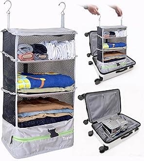Grand Fusion Stow-N-Go Portable Hanging Travel Shelves, Packing Organizer for Luggage. Carry on Closet with Hanger for Clothes. Expandable Packing Cube. Travel Essentials, Light Gray - L