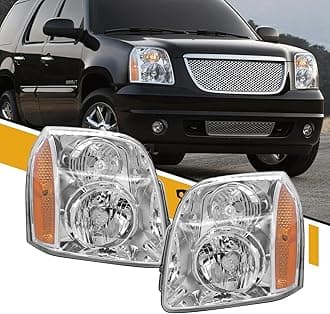 CLERYEE Headlight Pair Assembly Compatible with 2007-2014 GMC Yukon/Yukon XL 1500 2500 [Denali Style], Factory-Style Head Lamp Replaces 15861026 15861025, Chrome+Amber, Left and Right Side