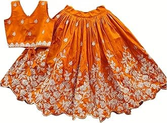 Girls Readymade Crop Top With Lehenga - Taffeta Silk Embroidered Lehenga Choli - Perfect for Ethnic, Party & Wedding - Traditional Dress