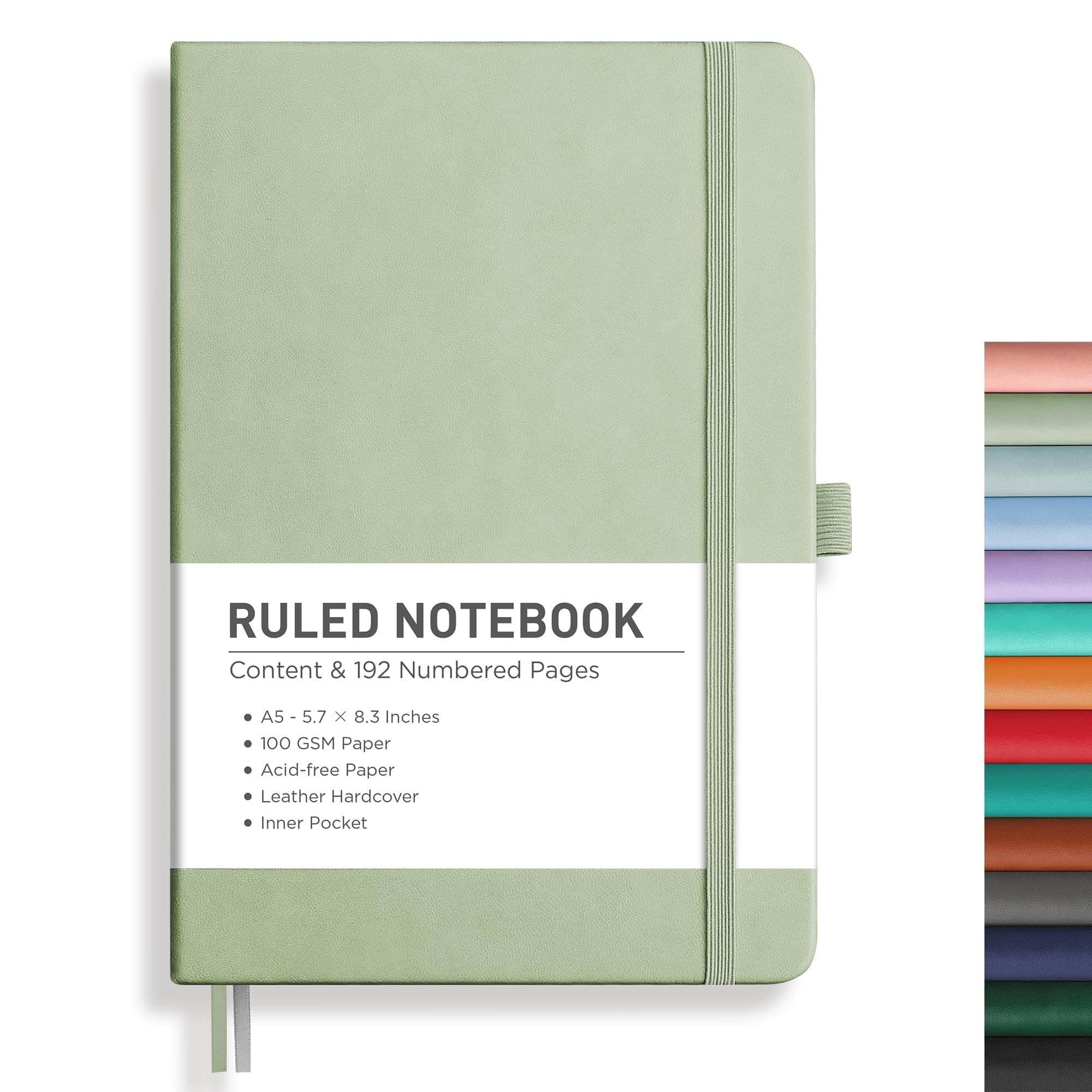 Lined Journal Notebook, 192 Numbered Pages, A5 Medium Size (5.7'' x 8.3''), for Men & Women, Journaling, Writing, Work & Office, Leather Hardcover, 100 GSM Thick Paper (Light Green)