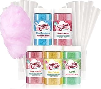 Floss Sugar Variety Pack with 5 - 11oz Plastic Jars of Lime, Watermelon, Pina Colada, Blue Raspberry, Pink Vanilla Flossing Sugars Plus 50 Paper Cotton Candy Cones