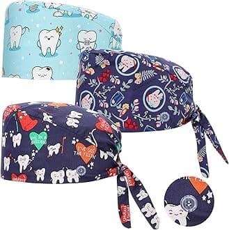 3 Pack Scrub Cap Printed Bouffant Cap Working Cap Beanie Hat Adjustable Sweat Absorption Cap with Sweatband for Women
