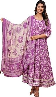 Women's Cotton Printed Anarkali Kurta with Palazzo & Dupatta Set with Dori