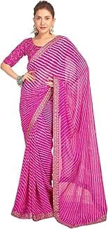 SIRIL Women's Bandhani Printed Embroidery Lace Georgette Saree