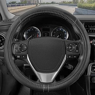 Motor Trend GripDrive Faux Black Leather Steering Wheel Cover for Car Truck Van SUV, Standard 15 inch Size, Gray Accent Stitched Car Steering Wheel Cover Vehicle & Auto Accessories