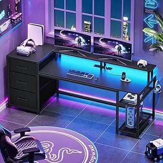 59" Office Desk with Drawers, Reversible Computer Desk with File Drawers & Storage, Gaming Desk with LED Lights & Power Outlet, Home Office Desks for Printer, Black