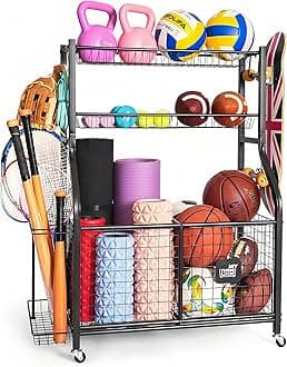Mythinglogic Sports Equipment Garage Oorganizer, Sports Ball Storage with 7 Baskets and 4 Hooks, Rolling Ball Cart with Wheels for in/Outdoor Use