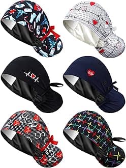 6 Pcs Satin Lined Scrub Caps Women Nurse Surgical Hat with Buttons Ponytail Working Adjustable Pouch Tie Back