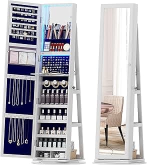 OUTDOOR DOITOUTDOOR DOIT 360° Rotating LED Jewelry Armoire with Lockable,Full Length Mirror Large Capacity 3 Color Dimmable Jewelry Organizer Armoire,Floor Standing Mirror with Back Storage Shelves for Bedroom