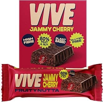 Vive Jammy Cherry Fruity Nutta Bars – Vegan Fruit & Nut Snack with Real Jam Filling – 80% Fruit & Nut, Belgian Chocolate Coated, Gluten-Free, Natural Ingredients – Pack of 20 Healthy Snack Bars