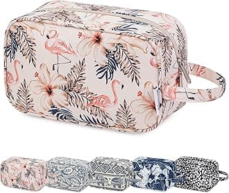 Travel Toiletry Wash Bag for Women Traveling Dopp Kit Makeup Bag Organizer for Toiletries Accessories Cosmetics (Beige Flamingo)