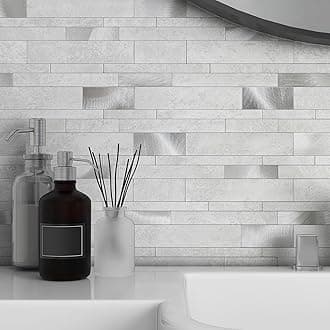 VAOVI Marble Effect Self Adhesive Linear Wall Tiles Metro Brick Stone Tiles,Waterproof Bathroom Wall Panels Matt Heat Resistant Fireplace Peel and Stick Mosaic(Cement Gray,5sheets)