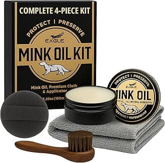 4-in-1 Mink Oil Leather Conditioner Kit – 3.52oz Waterproof Paste with Horsehair Brush, Sponge & Microfiber Cloth – Leather Cleaner & Protector for Boots, Shoes, Jackets, Saddles & Bags