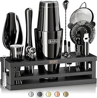 Cocktail Making Kit | 16-Piece Bartender Kit Cocktail Shaker Set Maker | Bamboo Display Stand & 35 Recipe Cards | Mixology Cocktail Gift Set (800ml/28oz Boston Shaker, Jet Black/Black)