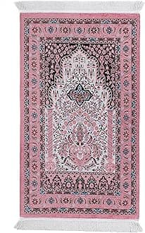 Turkish Traditional Woven Muslim Prayer Rug, Comfortable, Foldable and Portable Islamic Prayer Mat for Men & Women, Soft Cotton and Luxury Liner Ottoman Prayer Rugs, Ramadan or Eid Gift Box (Pink)