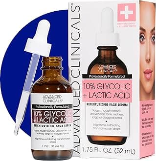 Advanced Clinicals Exfoliating 10% Glycolic Acid Serum For Face + Lactic Acid | Facial Exfoliant AHA + Salicylic Acid Serum To Improve Look Of Large Pores, Uneven Skin Tone, & Dark Spots, 1.75 FL Oz