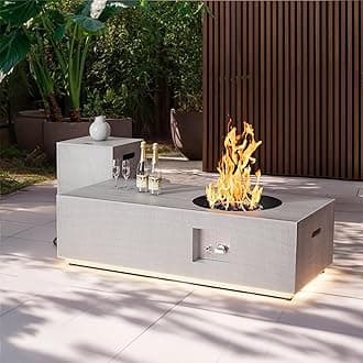 48" Outdoor Propane Fire Pit with Round Burner and Lights - 50,000 BTU Fire Pit Table with Lid, Rocks, Cover & Tank Storage - Patio and Deck Gas Fire Pit (Light Grey/Golden Light, 48" LED)