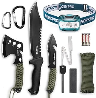 WORKPRO Camping Hatchet & Machete with Sheath, Camping Axe and Fixed Blade Hunting Knives with Paracord Handle, Headlamp, Flint, Camping Tool Set for Outdoor Hunting Survival