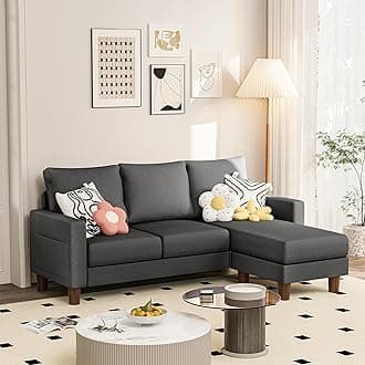 JUMMICO Couch for Small Living Room, 72" Small Sofa with Reversible Ottoman, 3 Seat L-Shaped Sofas, Comfy Couches for Apartment (Linen Fabric, Dark Grey)