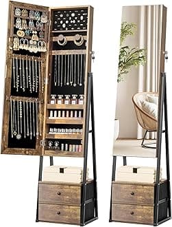 Nicetree Jewelry Cabinet Armoire with 2 Drawers, Lockable Standing Jewelry Mirror Cabinet, Full Length Mirror with Jewelry Storage, Rustic Brown