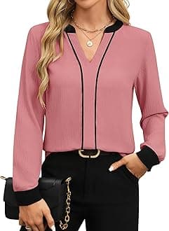 Fayenne Womens Tops Dressy Casual V Neck Color Block Business Casual Blouses Long Sleeve Work Shirts Fall Trendy Clothes