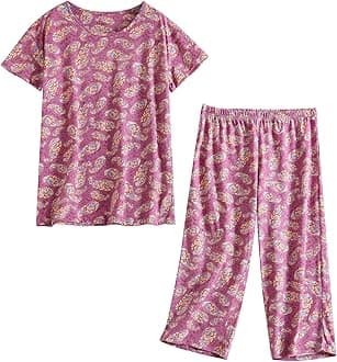 PNAEONG Women’s Pajama Set - Sleepwear Tops with Capri Pants Casual and Fun Prints Pajama Sets SY215-Purple-XL