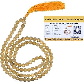 Certified Golden Rutilated Quartz Crystal Japa Mala Saadi - 108 Beads Buddhist Prayer Beads - AAA Grade Original Healing Gemstone Agate Mala for Yoga Meditation Spiritual Reiki Feng Shui