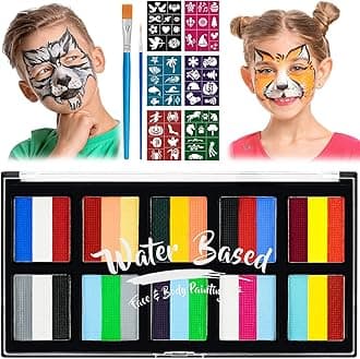LOPHE Face Paint Kit, 30 Colors Rainbow Body Paint for Kids Adults, Safe & Non-Toxic Water Based Split Cake Face Paint Palette with 2 Brushes 56 Stencils, Makeup Set for Halloween Christmas Cosplay
