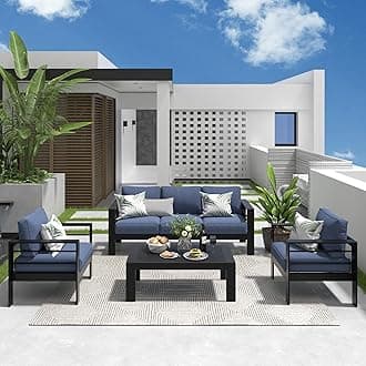 Solaste Aluminum Patio Furniture Set, 4 Pcs Modern Outdoor Conversation Set Sectional Sofa with Upgrade Cushion and Coffee Table,Black Frame and Blue Cushion