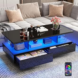 43in Large LED Coffee Table w/ 2 Big Storage Drawers,60,000-color Lights,App Control,High Glossy Modern Black Coffee Table,Rectangle 2-Tier Center Table w/Display Shelf for Living Room