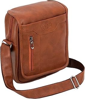 Stylish Small PU Leather Sling Cross Body Travel Office Business Messenger One Side Shoulder Bag for Men Women - Tan Brown (20 x 7 x 25.5 Cm)