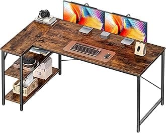L Shaped Desk, 55 Inches Computer Desk with Reversible Storage Shelves, for Gaming Corner Home Office Writing Study, Metal Frame, Rustic Brown