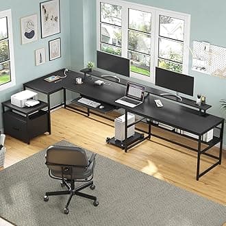 U Shaped Desk, Reversible L Shaped Home Office Desk with File Drawer & Power Outlet, 101.5'' Computer Two Person Desk with Monitor Shelf, Keyboard Tray, Gaming Desk, Black