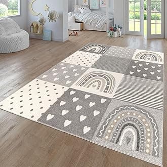 TT Home Nursery Area Rug Kids Rug For Bedroom Girls Boys Modern Rainbow Cloud Rug Animal Motif Colourful, colour:Grey Beige, Size:133 cm Square