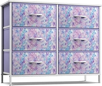 Sorbus Dresser with 6 Drawers - Furniture Storage Chest for Bedroom Tower Unit Furniture, Hallway, Closet, Office Organization - Steel Frame, Wood Top, Tie-dye Fabric Bins (6-Drawer, Blue/Pink/Purple)