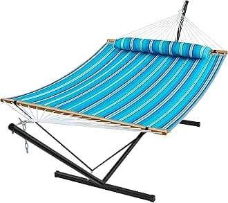 SUPERJARE Hammock with Stand, 2 Person Quilted Outdoor Hammock, Detachable Pillow & Bamboo Spreaders, Portable Hammock with Carrying Bag, Heavy Duty Stand, Perfect for Outside, Patio, Aqua Blue