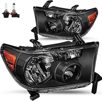 JSBOYAT Halogen Headlight Assembly Pair Fit for 2007 2008 2009 2010 2011 2012 2013 Toyota Tundra & 08-17 Sequoia, Black Housing Amber Reflector, Without Headlight Leveling Adjuster Bulbs Included