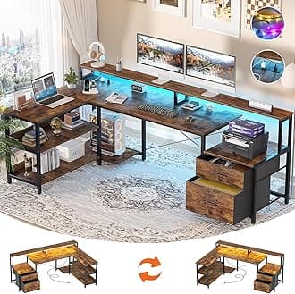 Aheaplus L Shaped Computer Desk with LED Strip & Power Outlet, 45'' Reversible Gaming Desk with File Drawer, Rustic Brown