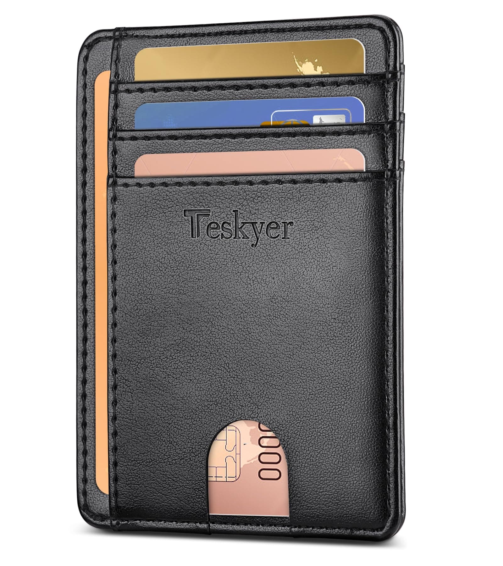 Slim Wallet for Men, Minimalist Front Pocket RFID Blocking Leather Wallet Credit Card Holder for Men & Women, Black, Minimalist