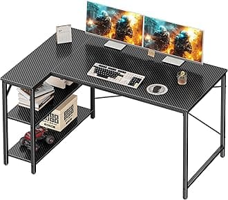Huuger L Shaped Desk, 47 Inch Gaming & Home Office Desk with Reversible Storage Shelves, Metal Frame, Carbon Fiber Black