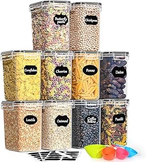 GoMaihe 1.6L Cereal Storage Containers Set of 10, Plastic Airtight Food Storage Containers with Lids, Storage Jars for Storing Pasta, Rice, Rlour, Dog, Cat, Cereal Dispenser Kitchen Organiser, Black