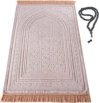 Modefa Luxury Velvet Prayer Rug with Prayer Beads | Soft Elegant Muslim Turkish Janamaz Sajada Carpet for Men and Women | Plain Solid Prayer Mat Ramadan Eid Gift - Najma (Pink)