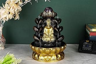 Seven Moon Meditating Buddha Tabletop Water Fountain with Lotus Waterfall and Crystal Ball – Zen Indoor Fountain for Relaxation and Home/Office Decor (7MWF_07)