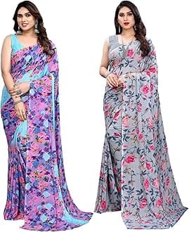 SIRIL Women's Georgette Printed Saree With Unstitched Blouse Piece Combo Pack Of 2
