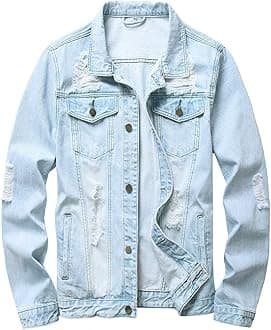 LAMKUKU Mens Denim Jacket Ripped Slim Jean Jacket Coat for Men