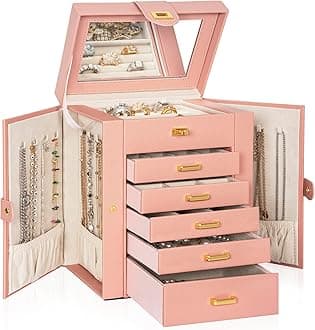 AKOZLIN Jewelry Box Organizer Functional Leather Jewelry Storage Case for Women Girls Ring Necklace Earring Bracelet Holder Organizer with Mirror Pink