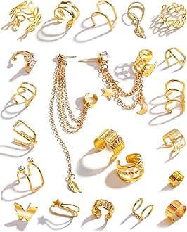 22Pcs Golden Ear Cuffs Earrings for Women Non Piercing Lightweight, Adjustable Hypoallergenic Fake Clip On Cartilage Butterfly Chain Twist Helix Leaf Wrap Earrings Set, Trendy Jewelry